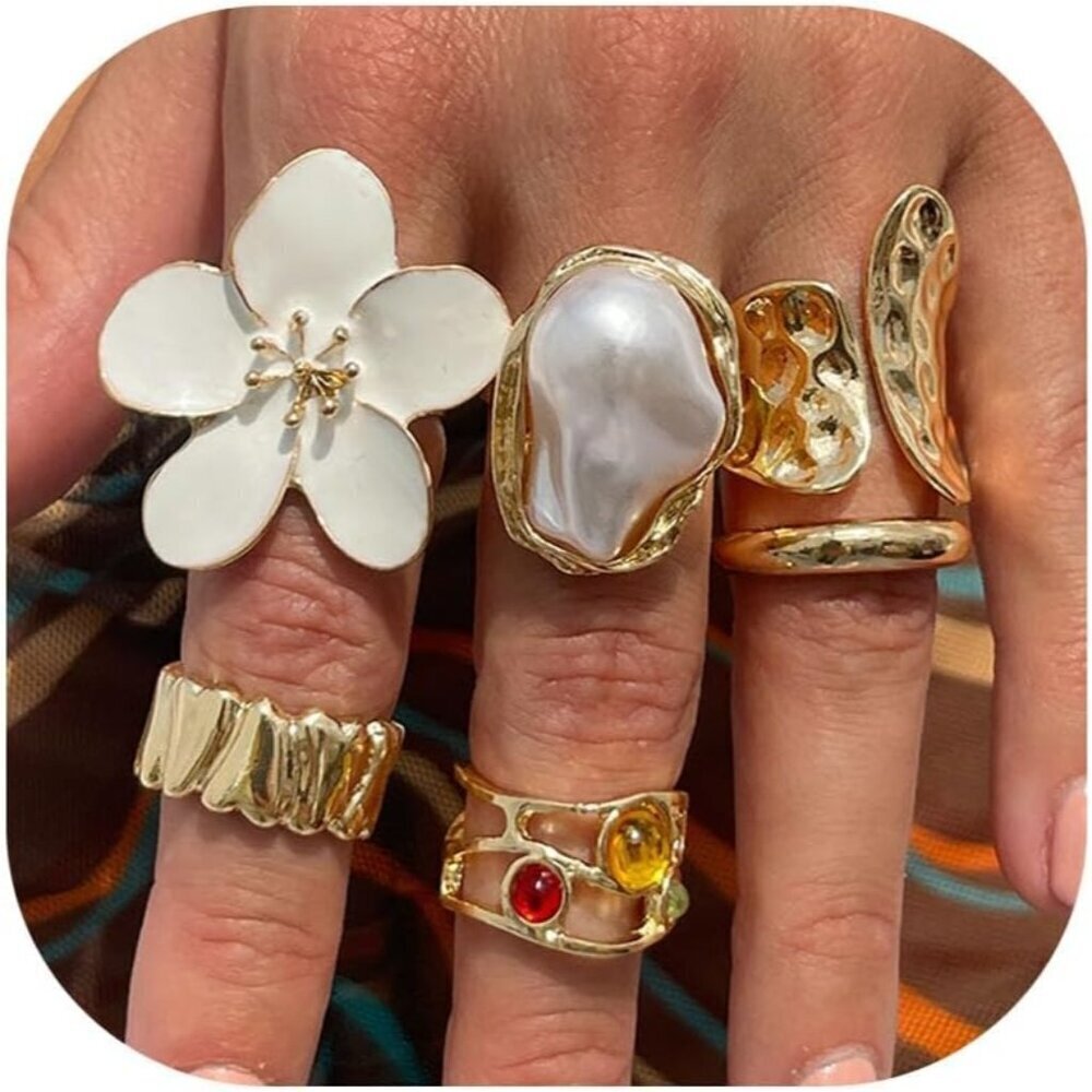 Women Gold Rings Set Pearl Flower Gemstone Stackable Knuckle Chunky Statement